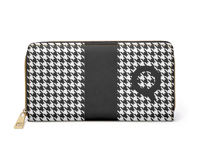 Personalized Houndstooth Wallet, Black & White Zippered Faux Leather Wallet with Q Initial, Gift for Her, Iron Woman 80 Brand, Monogram