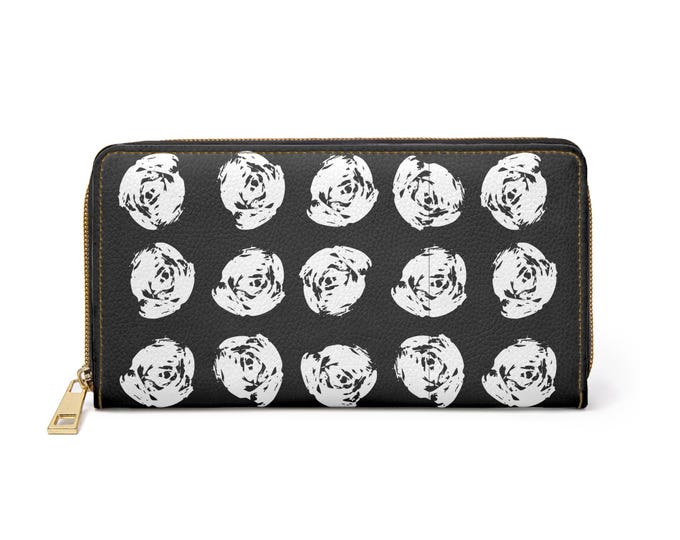 Abstract White Rose Pattern Zipper Wallet | Black Floral Zip Wallet