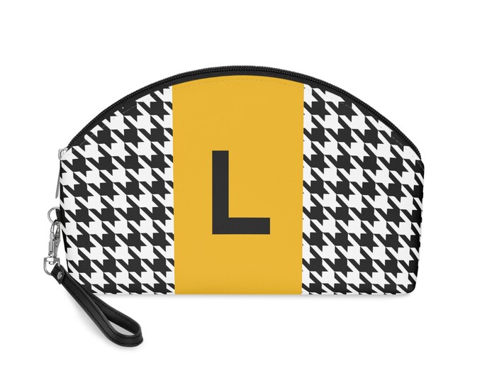 Marigold, Black, and White Houndstooth patterned Makeup Bag, Personalized with Initial L, Her Makeup bag, Initialized