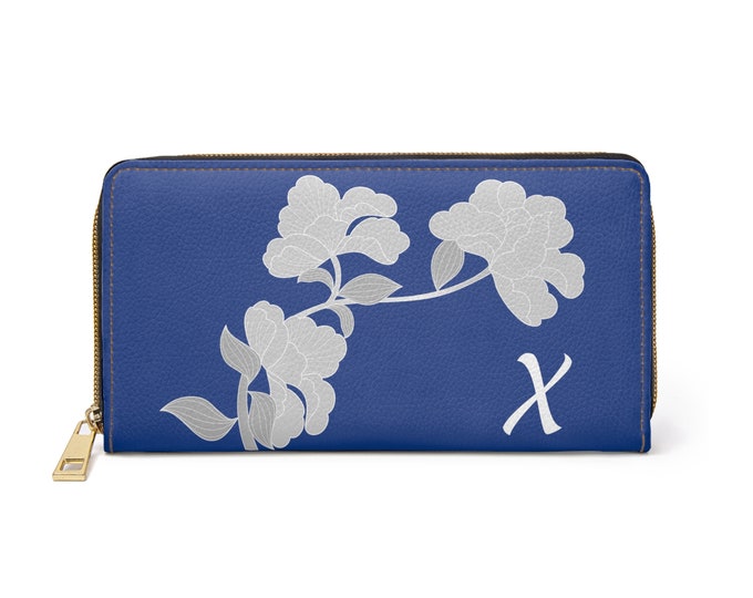 White and Blue Womens Floral Wallet, Personalized with Initial X, Zippered