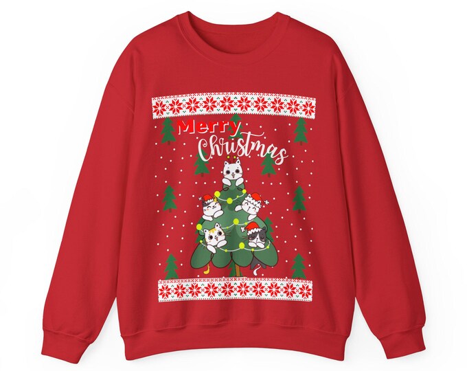 Red Christmas Cats Ugly Sweater Unisex Heavy Blend Crewneck