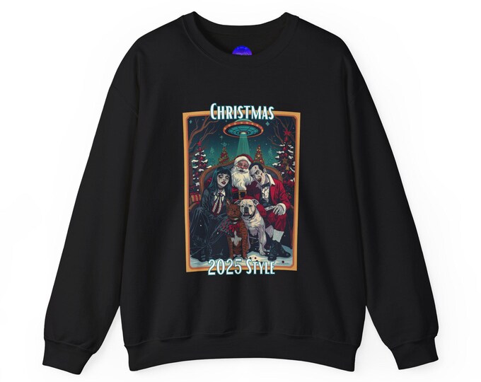 Santa and Gothic Characters Christmas Crewneck Sweatshirt | Holiday Poster Design