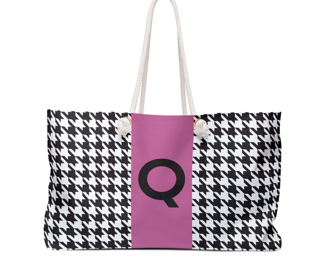 Houndstooth Black, White and Pink, with Black Q Initialized Detail Womens Weekender Tote Bag, Personalized Bag, Initialized Handbag