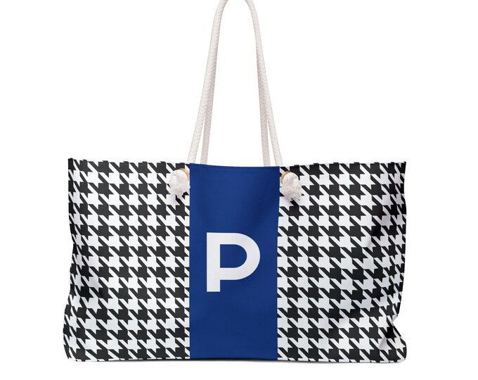 Houndstooth Black & White Weekender Tote | Blue P Initial | Personalized Women’s Handbag