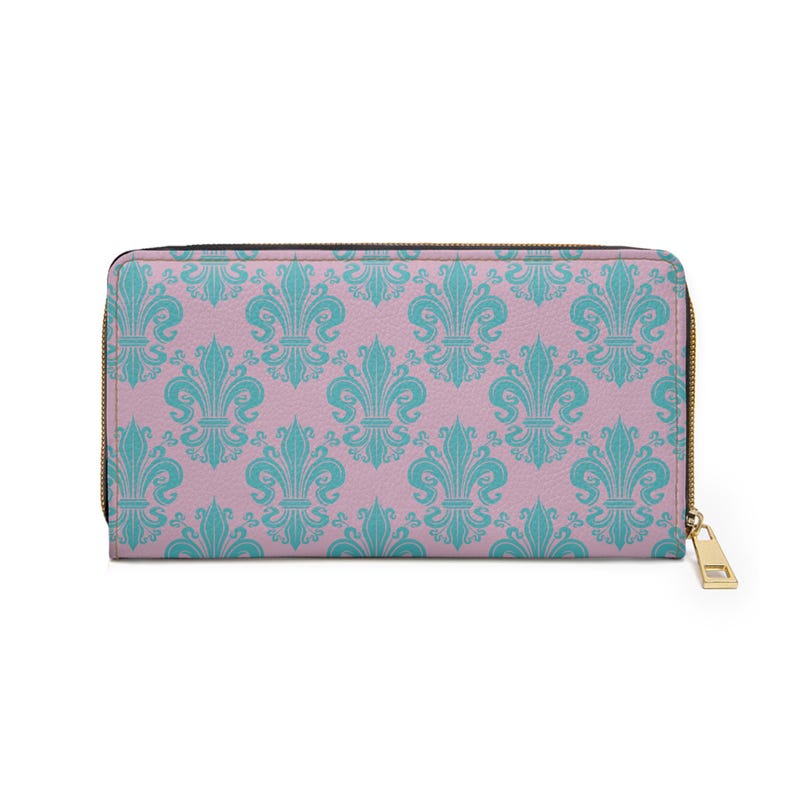 Aqua Fleur De Lis Pattern Zipper Wallet | Pink Teal Damask - Etsy
