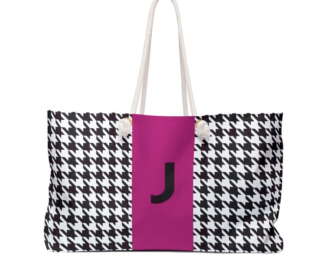 Houndstooth Black, White and Magenta, with Black J Initialized Detail Womens Weekender Tote Bag, Personalized Bag, Initialized Handbag