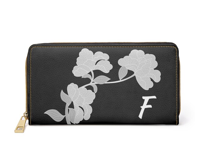 Black and White Womens Floral Wallet, Personalized with your Initial, Zippered Wallet, Initial F