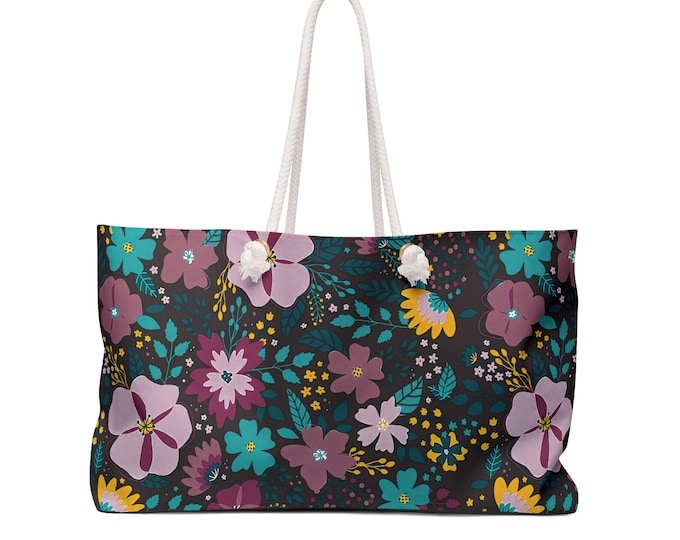 Dark Floral Pattern Weekender Bag | Magenta Aqua Black Flowers, Rope Handle