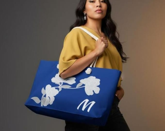 White and Blue Womens Floral Tote, Personalized with your Initial, Bag, Initial M, Weekender Bag