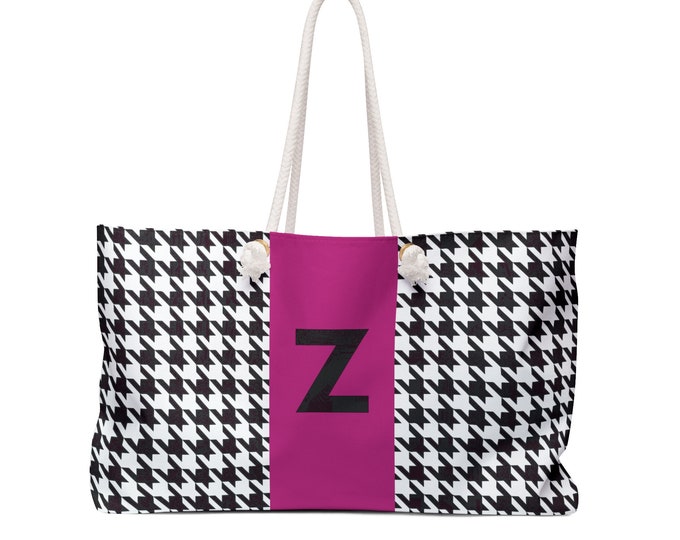Houndstooth Black, White and Magenta, with Black Z Initialized Detail Womens Weekender Tote Bag, Personalized Bag, Initialized Handbag