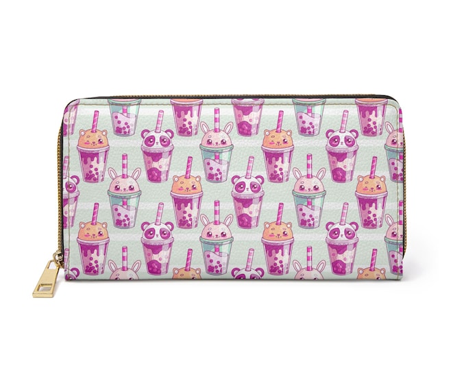 Cute Bubble Tea Pattern Zipper Wallet | Cute Boba Cup Print