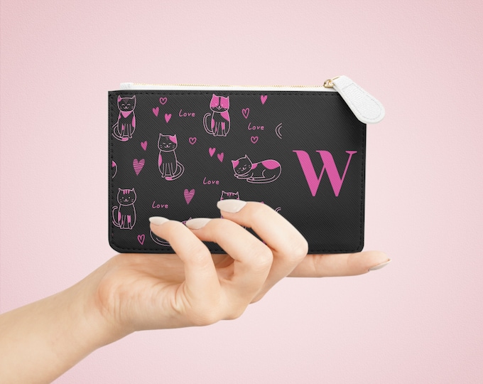 Pink Love Cats Black Wallet, Zippered Clutch, Personalized with W Initial, Mini Clutch Bag