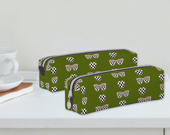 Warrior Olive Checkered Sunglasses and Hearts Leather Simple Pencil Case