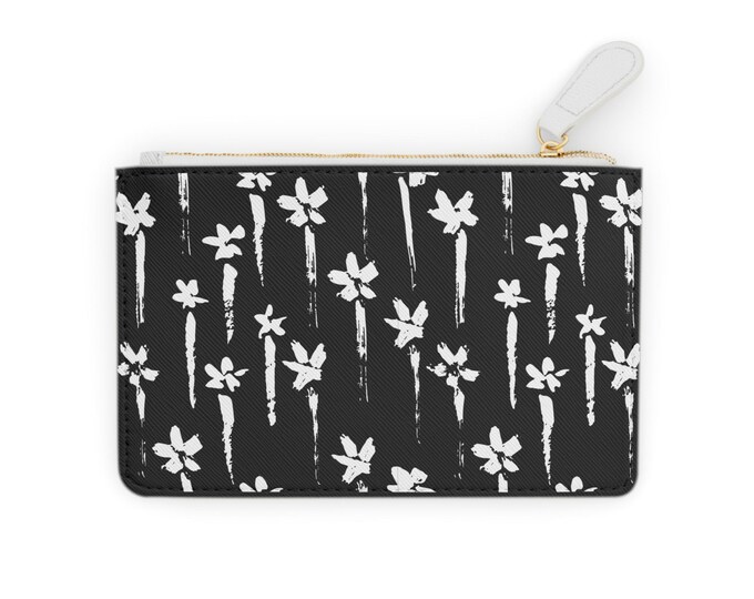 Monochrome Floral Pattern Mini Clutch Wallet | Black White Flower Zipper Pouch