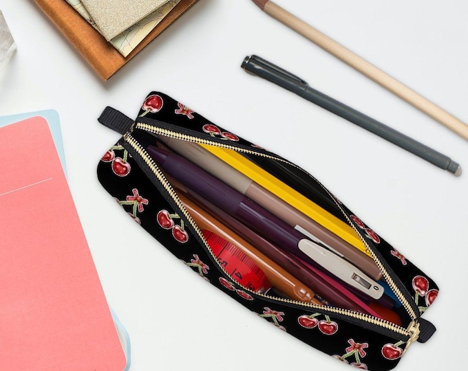 Cherry Print Black Leather Pencil Case – Cute Zipper Pouch for Stationery, Makeup, or Travel Essentials