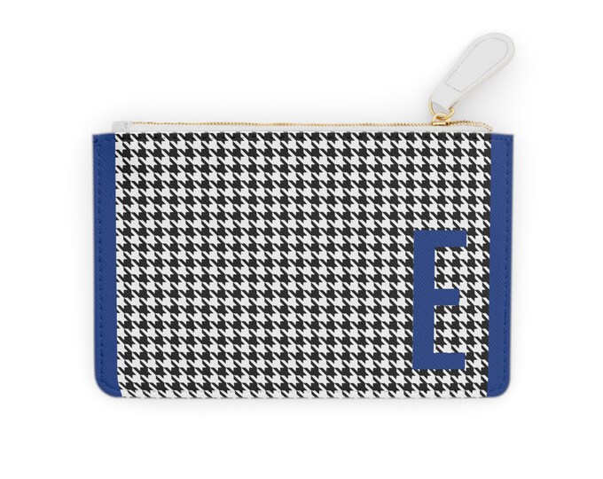 Houndstooth Blue Detail Initialized, E Initial, Personalized Mini Clutch Bag, Womens Zippered Card Holder