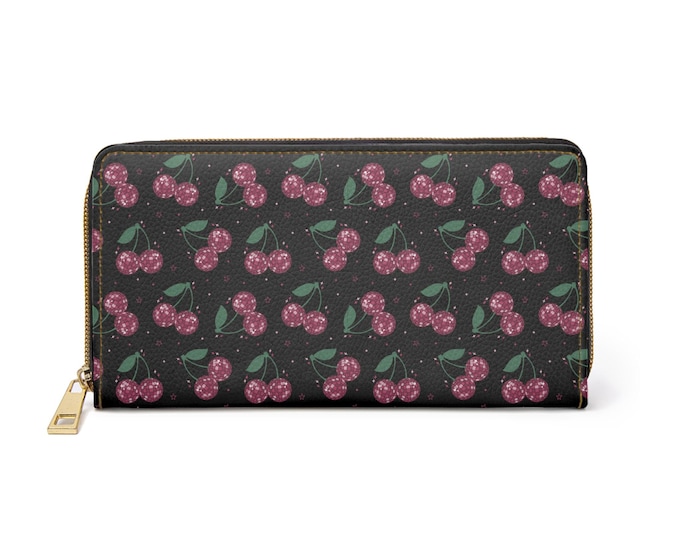 Sparkling Cherry Pattern Zipper Wallet | Retro Fruit Print, Black Background