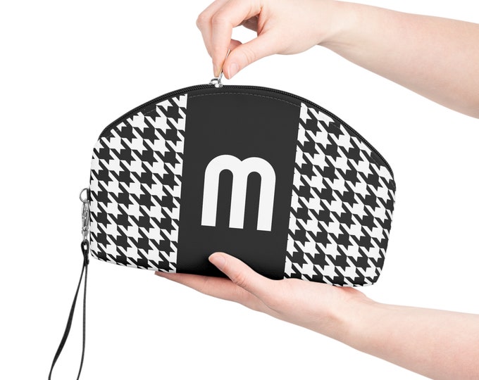 Black, and White Houndstooth patterned Makeup Bag, Personalized with Initial M