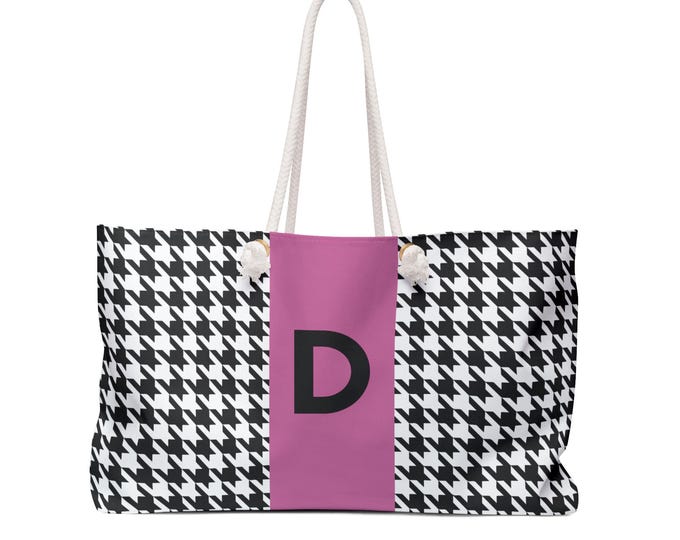 Houndstooth Black, White and Pink, with Black D Initialized Detail Womens Weekender Tote Bag, Personalized Bag, Initialized Handbag