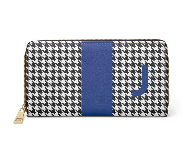 Houndstooth Black and White with Blue J  Initialized Detail Womens Zippered Wallet