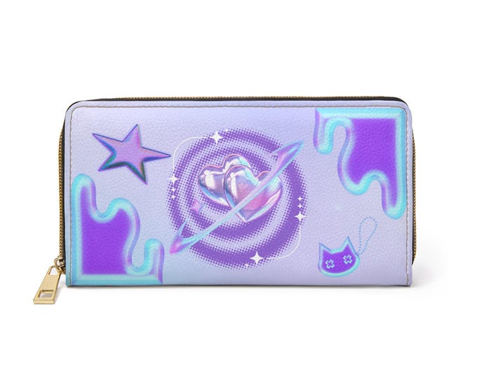 Holographic Y2K Heart Galaxy Zipper Wallet | Purple Pastel Space Design