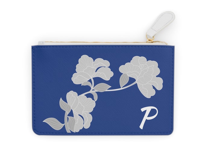White and Blue Womens Floral Small Wallet, Personalized with Initial P, Zippered Cardholder, Mini Clutch Bag