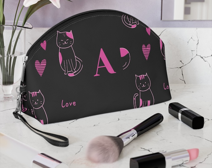 Pink Love Cats Black Makeup Bag, Accessory Bag, Personalized Cosmetic Bag, Women's Bag, Initial A