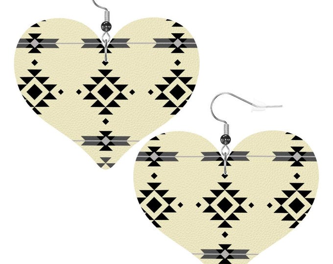 Heart Shape Leather Earrings with Native Pattern in Buffalo Butter