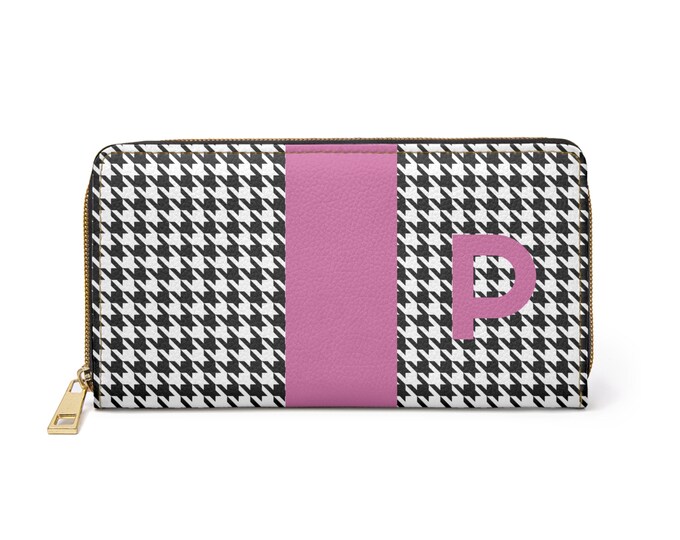Houndstooth Black and White with Pink P Initialized Detail Womens Zippered Wallet, Personalized Wallet, Initialized, Womens Wallet