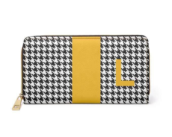 Houndstooth Black and White with Marigold L Initialized Detail Womens Zippered Wallet, Personalized Wallet, Initialized, Womens Wallet