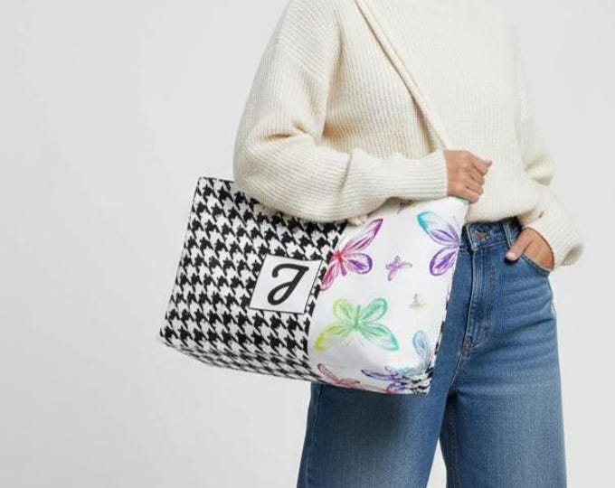 Personalized Weekender Tote Bag, Houndstooth with Rainbow Butterflies | Oversized Travel Bag with Initial, Custom Beach Tote, Gift for Her