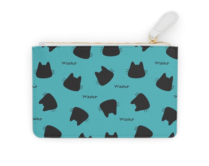 Black Cat Heads Mini Clutch Bag | Teal Patterned Zipper Pouch