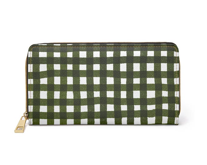 Green and White Gingham Zipper Wallet | Check Plaid Pattern