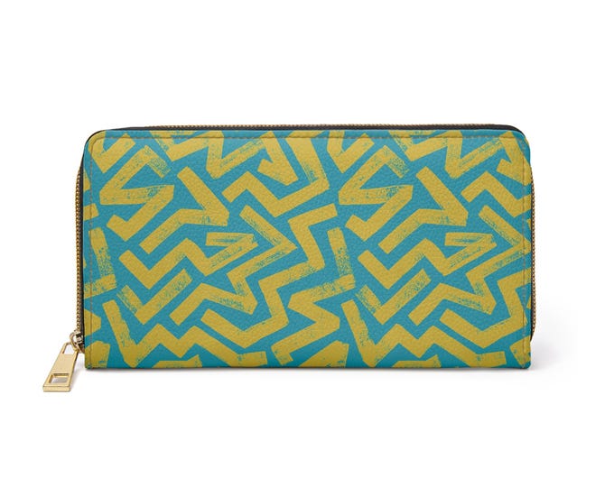 Abstract Geometric Pattern Zipper Wallet | Mustard Yellow Aqua