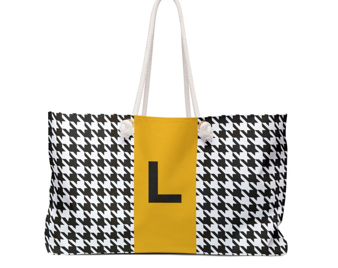 Houndstooth Black, White and Marigold, with Black L Initialized Detail Womens Weekender Tote Bag, Personalized Bag, Initialized Handbag
