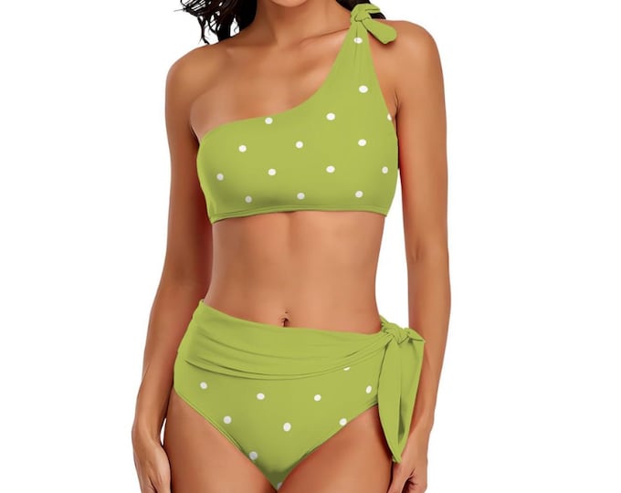 Lime Polka Dot One-Shoulder Tie High-Waisted Bikini Customized Services