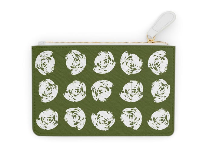 White Brushstroke Roses Mini Clutch Bag | Olive Green Floral Pattern
