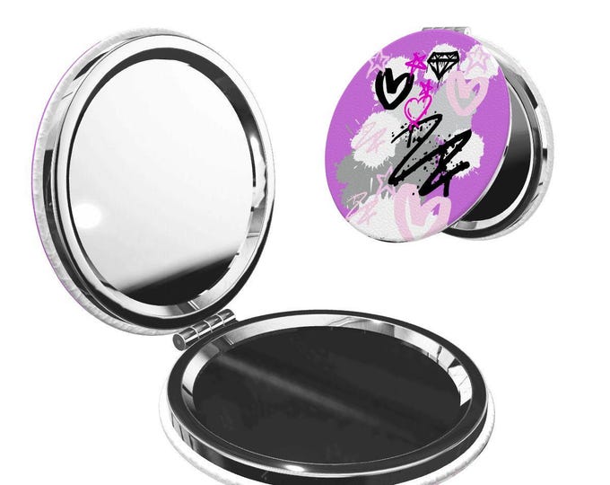 Pink, White & Black Diamond and Hearts Graffiti Purple Round Shape Portable Pocket Mirror