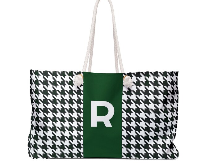Houndstooth Forest Green Weekender Tote Bag | Personalized R Initial Bag | Monogram Travel Bag | Oversized Rope Handle Purse for Her