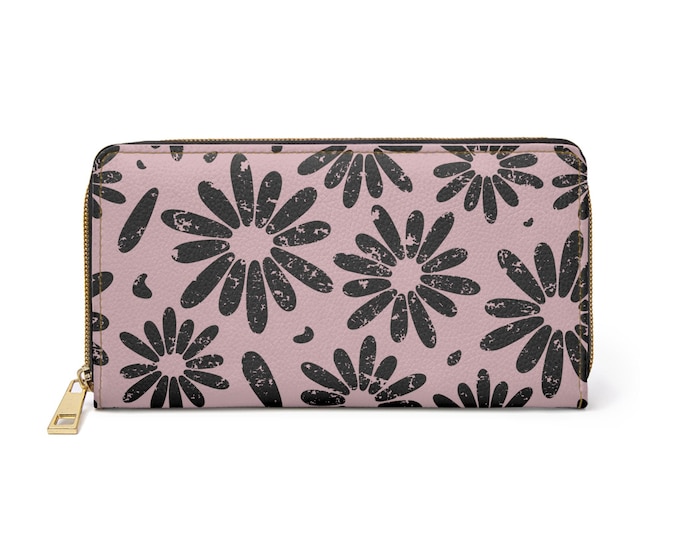 Black Daisy Pattern Zipper Wallet | Pink Floral Zip Around Wallet
