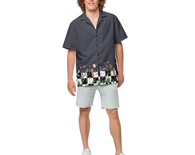 Iron Black Checkered Floral Pattern Unisex Button Shirt | Summer Lightweight Oversized Shirt | Recycled Beachwear Top