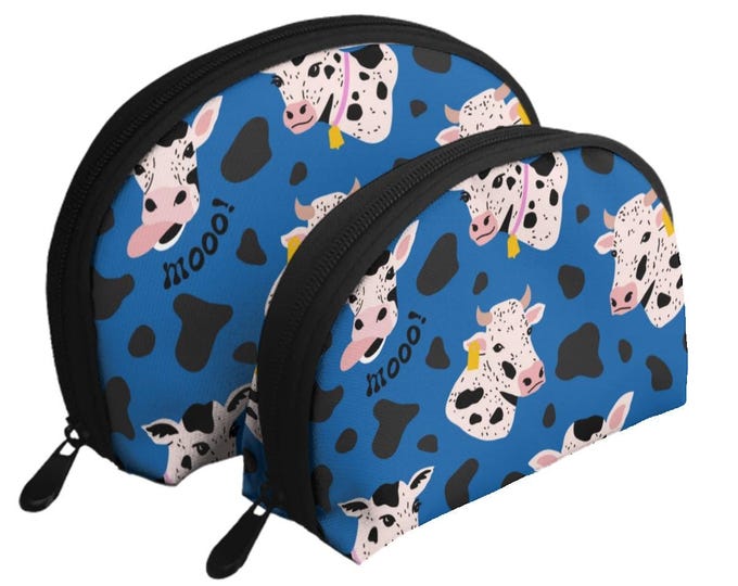 Cute Cows Glacier Makeup Bag Set of 2 | Travel Cosmetic Organizer Pouch | Toiletry Storage Bags | Cow Print Gifts for Women