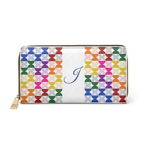 Personalized Womens Wallet, Rainbow Mid Century Modern, White with Initial J, Zippered Wallet