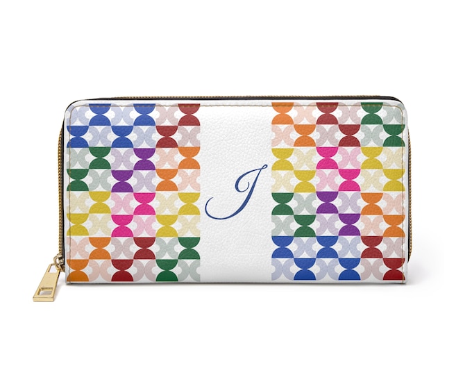 Personalized Womens Wallet, Rainbow Mid Century Modern, White with Initial J, Zippered Wallet
