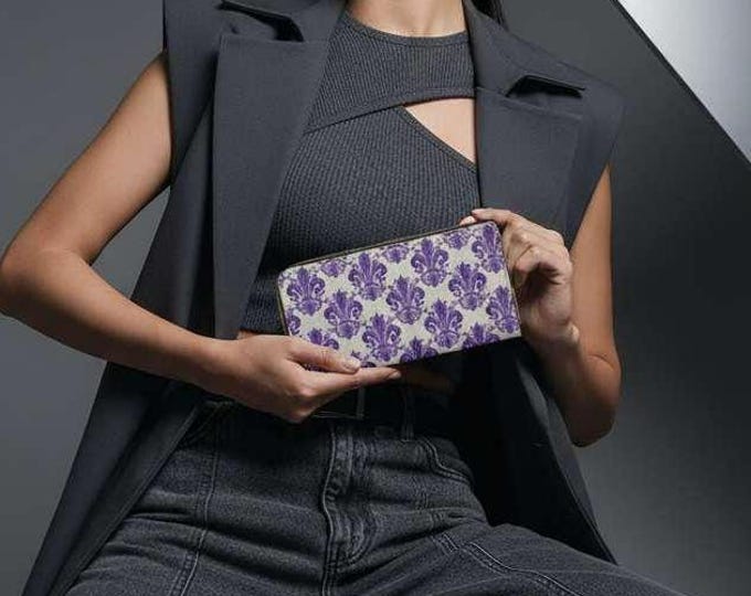 Fleur de Lis Pattern Zipper Wallet | Purple and Gray Damask