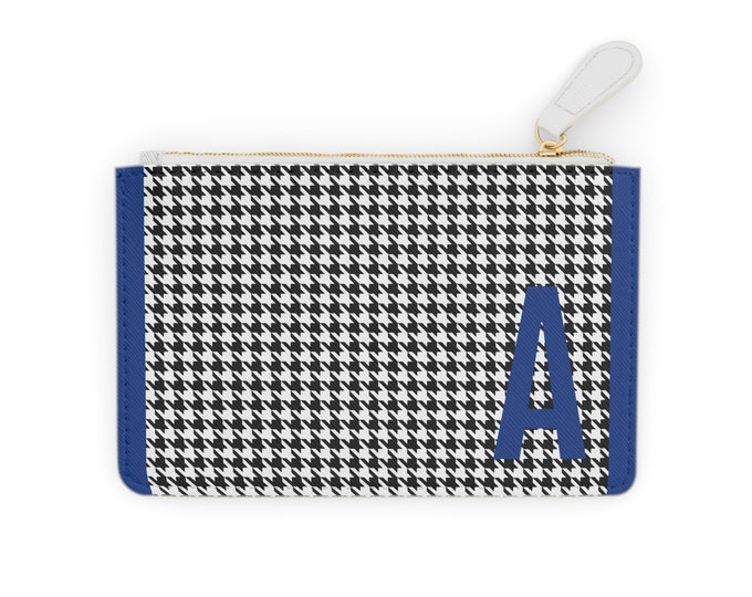 Houndstooth Blue Detail Initialized, A Initial, Personalized Mini Clutch Bag, Womens Zippered Card Holder