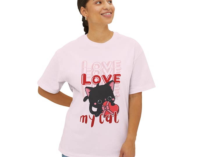 Pink Love My Cat Chocolates Valentine Unisex Oversized Boxy Tee