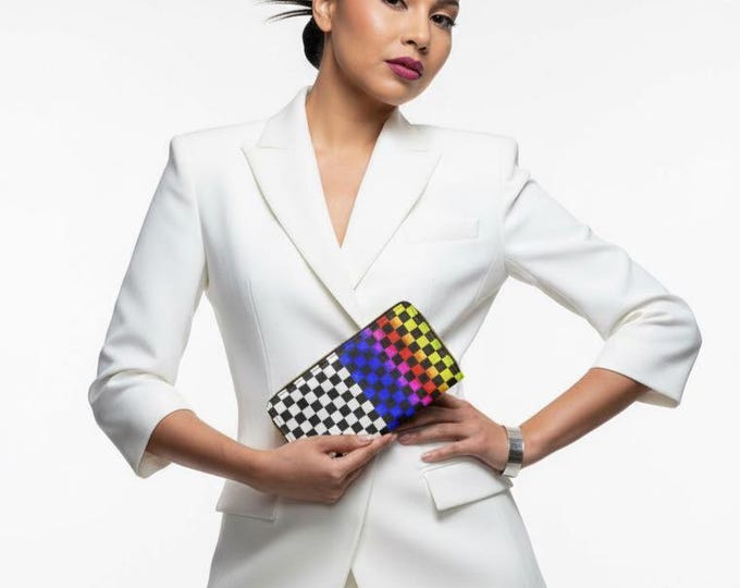 Zippered Long Wallet – Black, White, Rainbow Checkered Pattern | Personalized Women’s Wallet