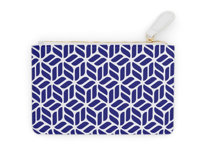 Navy Geometric Cube Pattern Mini Clutch Bag | Modern Abstract Zip Pouch