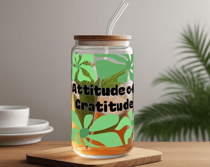 Attitude of Gratitude Glass Tumbler with Straw & Bamboo Lid  (16oz)